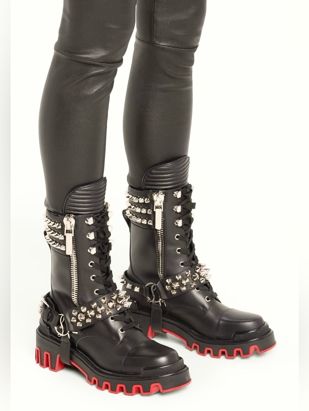 Christian Louboutin Calfskin Spikes Janetta Flat Combat Biker Boots Size 39.5